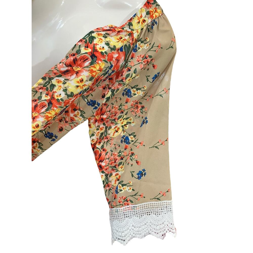 Relipop Women's Tan Floral Print Open-Front Duster/Kimono/Wrap/Coverup | Size M - Picture 3 of 12